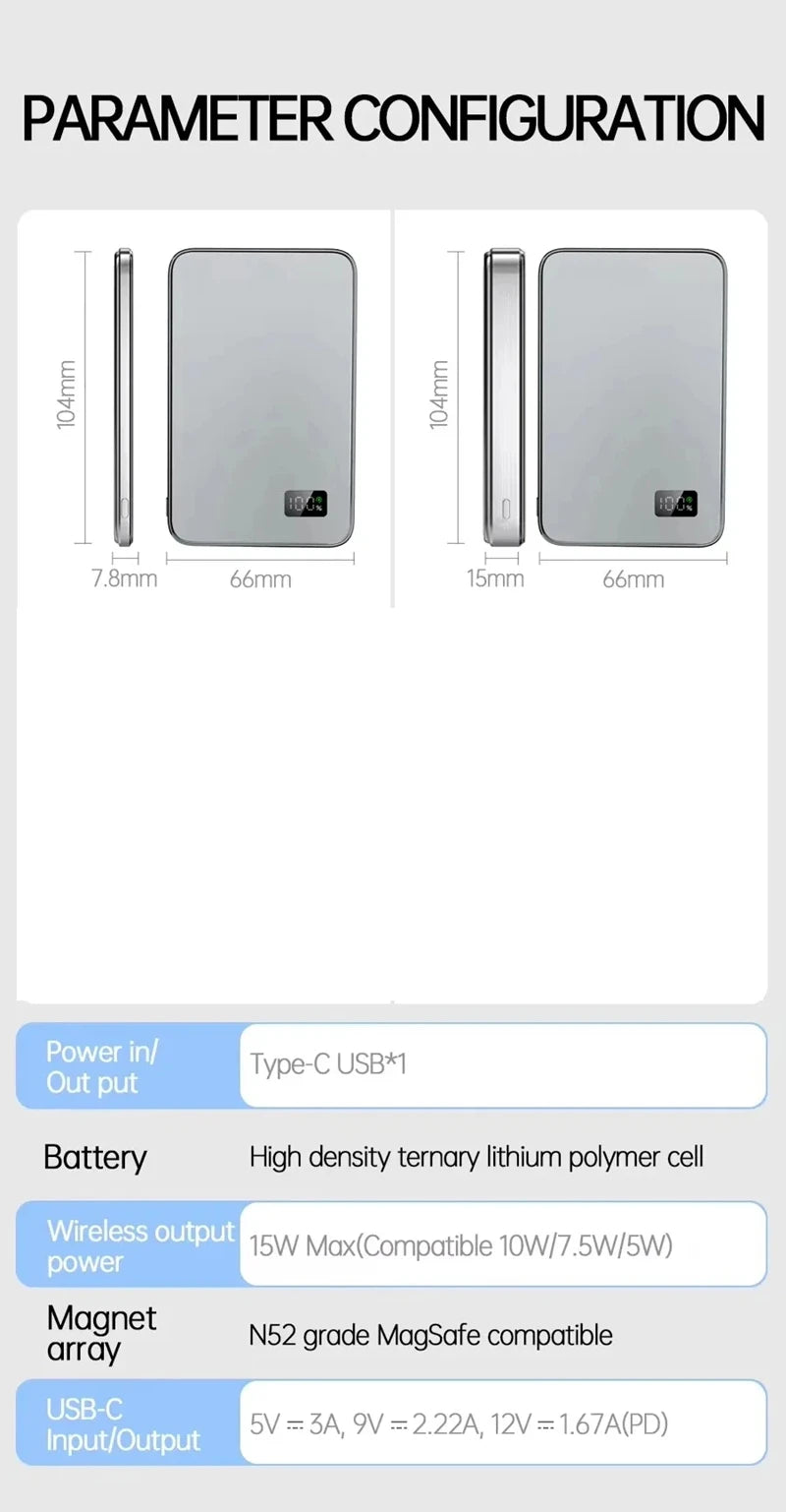 Thin Power Bank Ultra 50000mAh For MagSafe Magnetic Wireless Fast Charging Portable Battery Display
