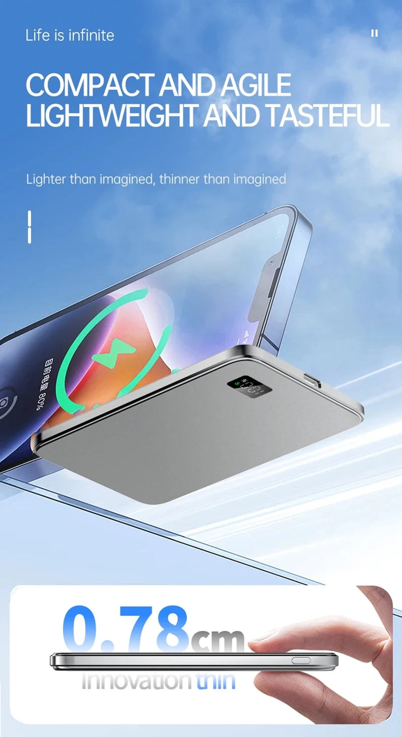 Thin Power Bank Ultra 50000mAh For MagSafe Magnetic Wireless Fast Charging Portable Battery Display