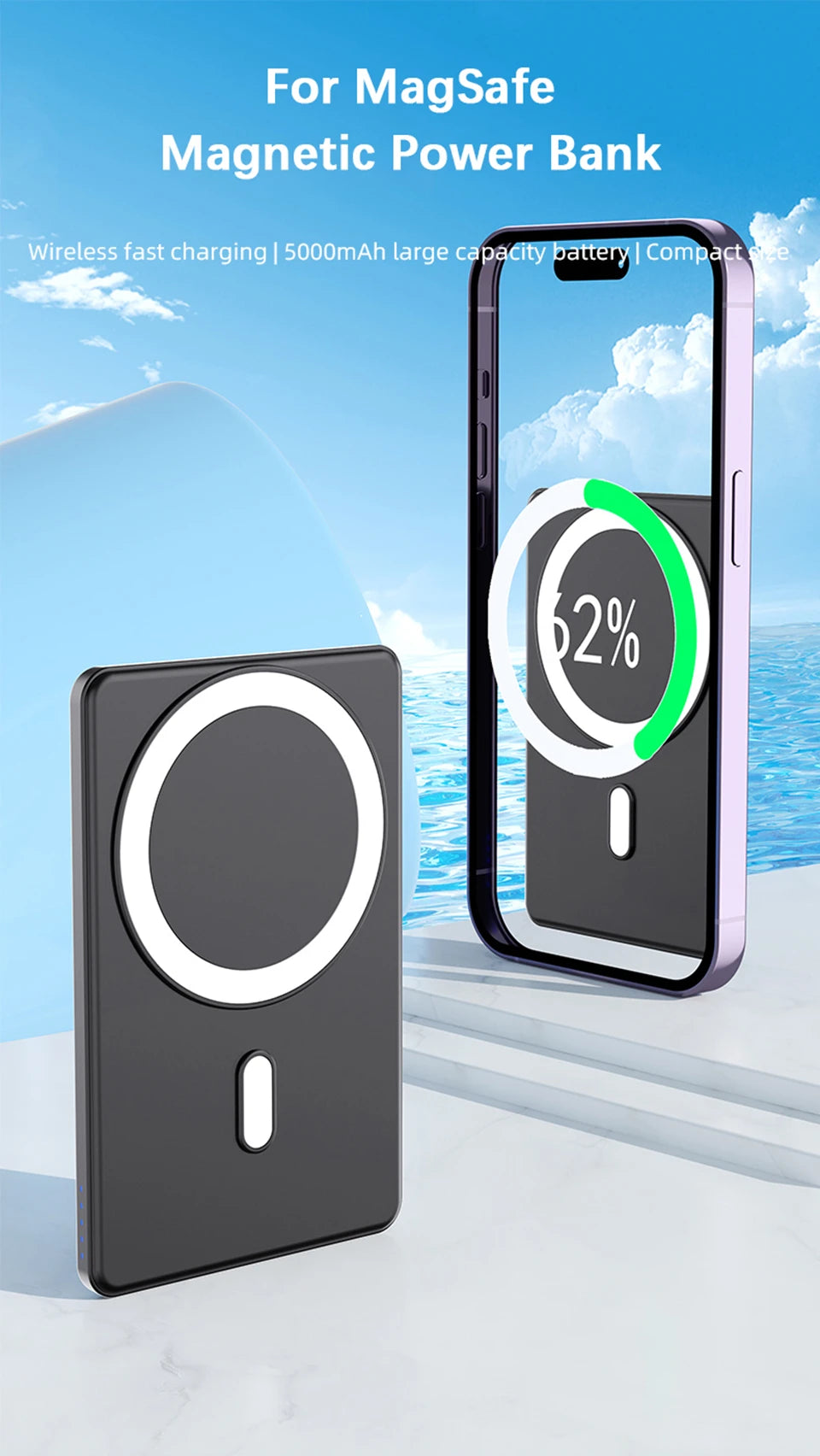Thin Magnetic Wireless Power Bank 15W 5000mAh Portable Fast Charging External Battery for Magsafe For iPhone 16 15 14 13 Pro Max