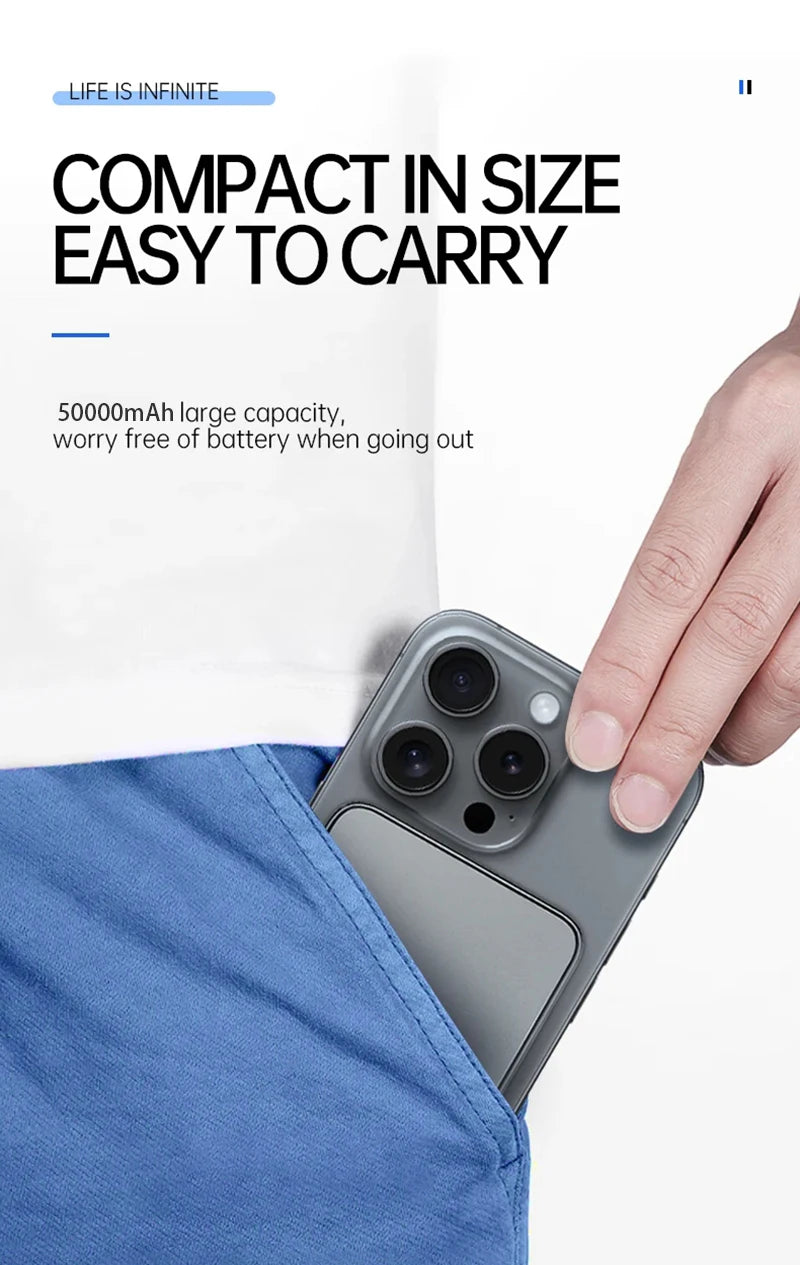 Thin Power Bank Ultra 50000mAh For MagSafe Magnetic Wireless Fast Charging Portable Battery Display